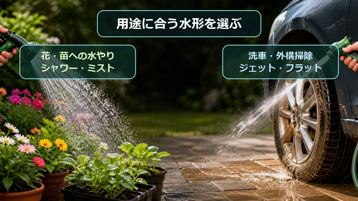 花壇や鉢植えにはシャワーとミスト、洗車や外構掃除にはジェットとフラットが向くことを示す図解