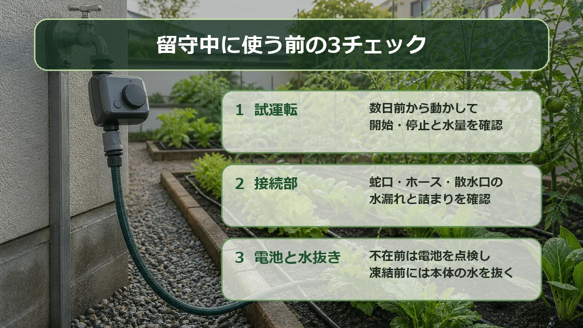 散水タイマーを留守中に使う前に試運転、水漏れ、電池と水抜きを確認する図解