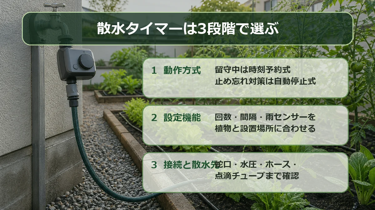 散水タイマーを動作方式、設定回数、雨センサー、蛇口、散水器具の順に選ぶ図解