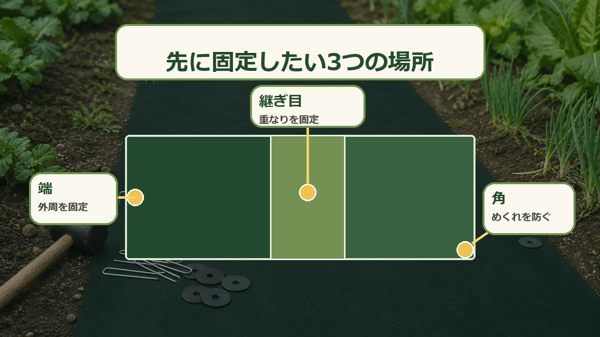 防草シートの端・継ぎ目・角を優先して固定する図解