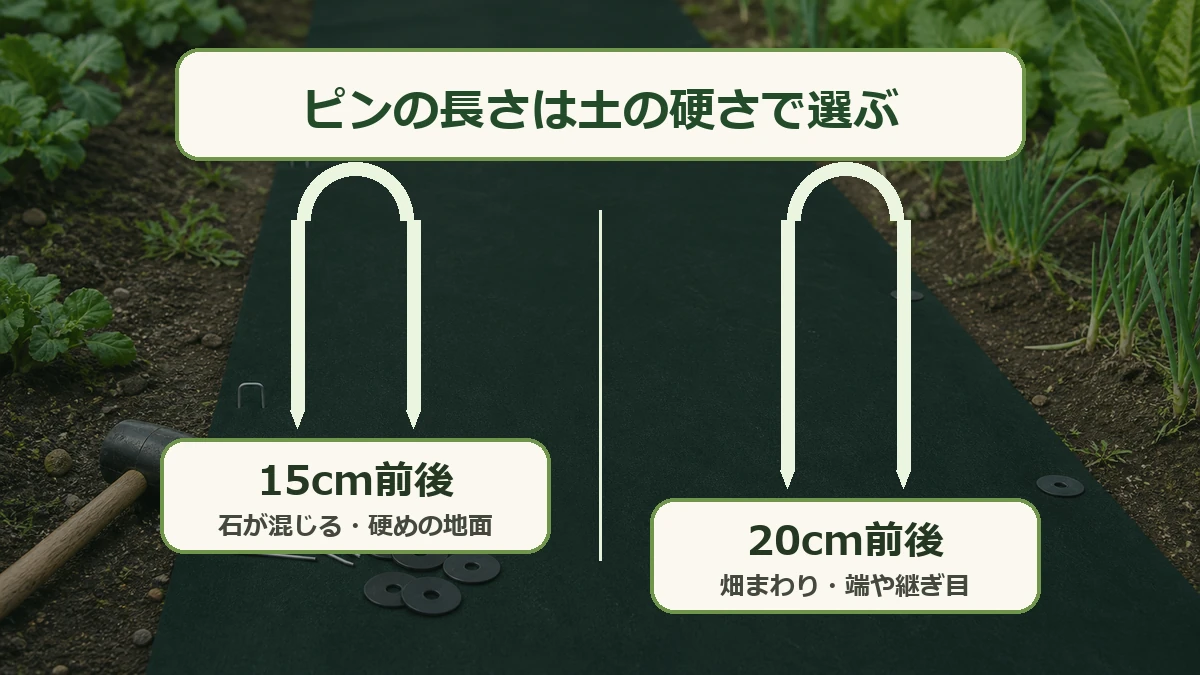 防草シート固定ピンを15cm前後と20cm前後で使い分ける図解