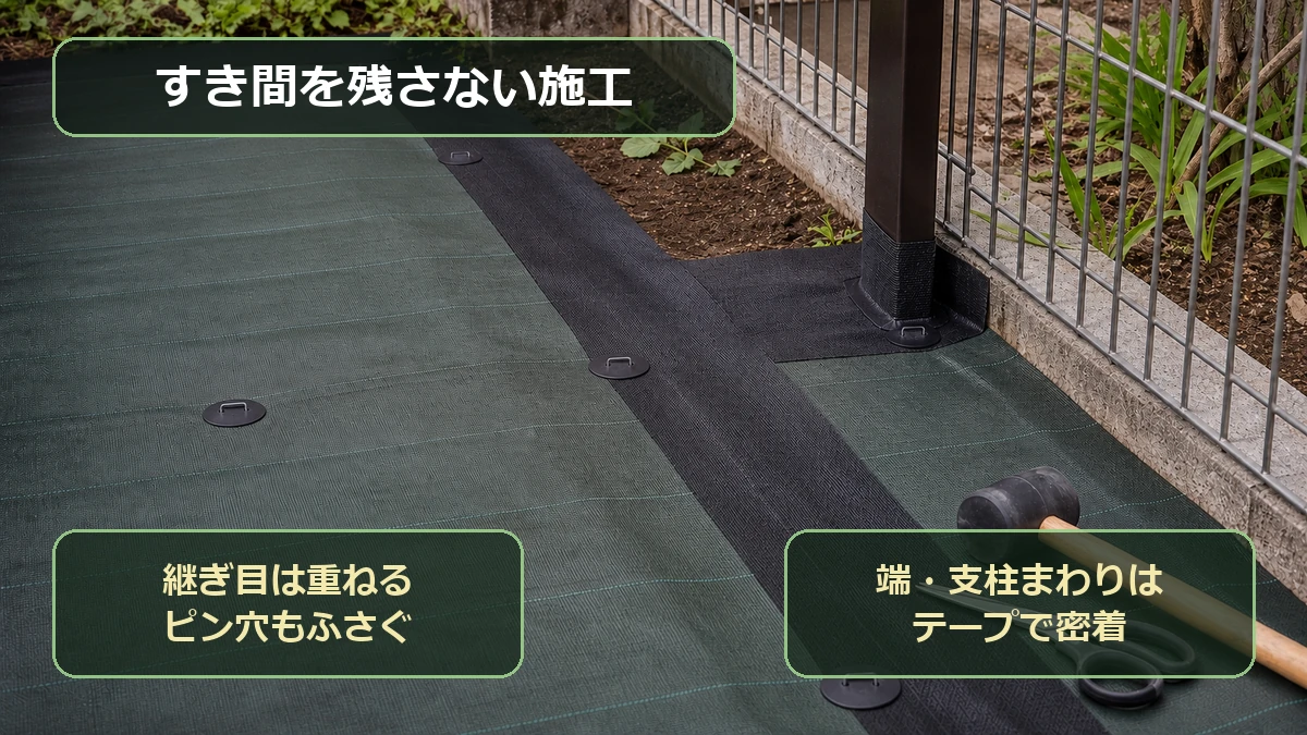 防草シートの継ぎ目を重ねて固定ピンとテープで施工する図解