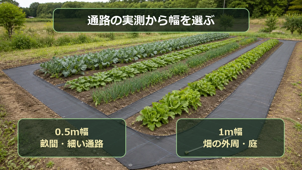 畑の畝間には0.5m幅、外周や庭には1m幅の防草シートを使い分ける図解