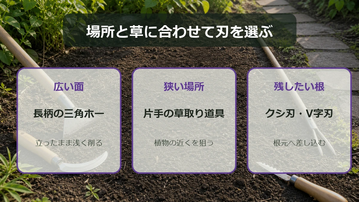 草取り道具を広い面、狭い場所、残したい根に合わせて選ぶ図解