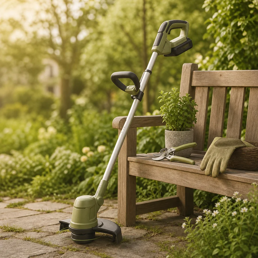 庭のベンチに立てかけた充電式草刈機と剪定ばさみ、鉢植えを配置した写真